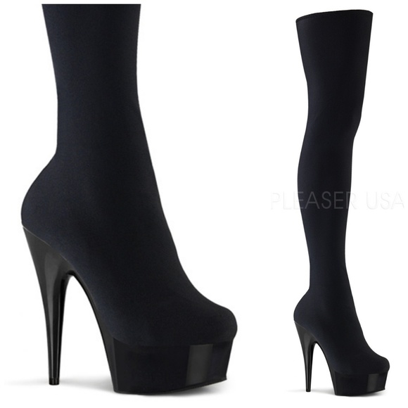 Velvet Platform Heel Thigh High Boots - Picture 2 of 6